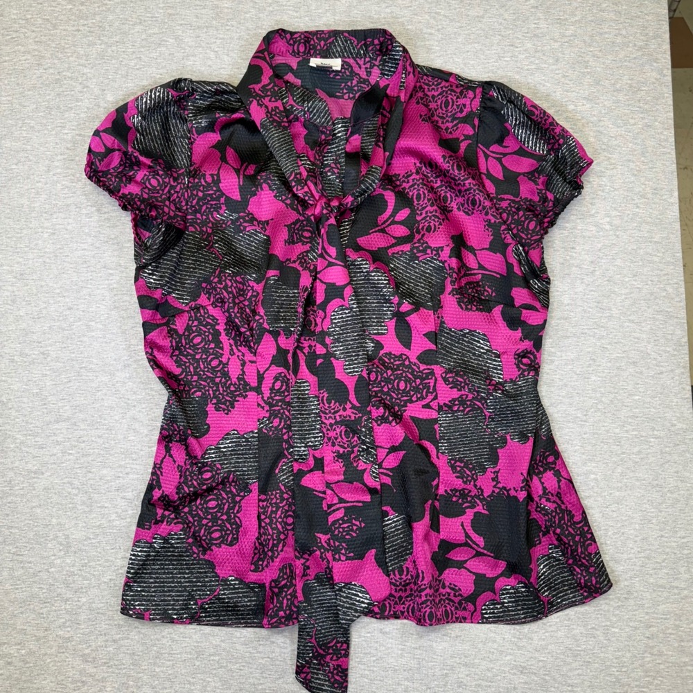 Worthington‎ Womens Pink Black Floral Tie Neck Blouse Short Sleeve XL Office Top - Picture 3 of 7